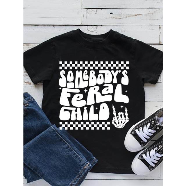 Somebody's Feral Youngsters Graphic Boys' T-Shirt - Black Casual Cotton Round Neck Tee with Playful Print, Perfect for Summer Fun, Boys Casual Wear | Fun Youngsters Fashion | Machine Washable Top