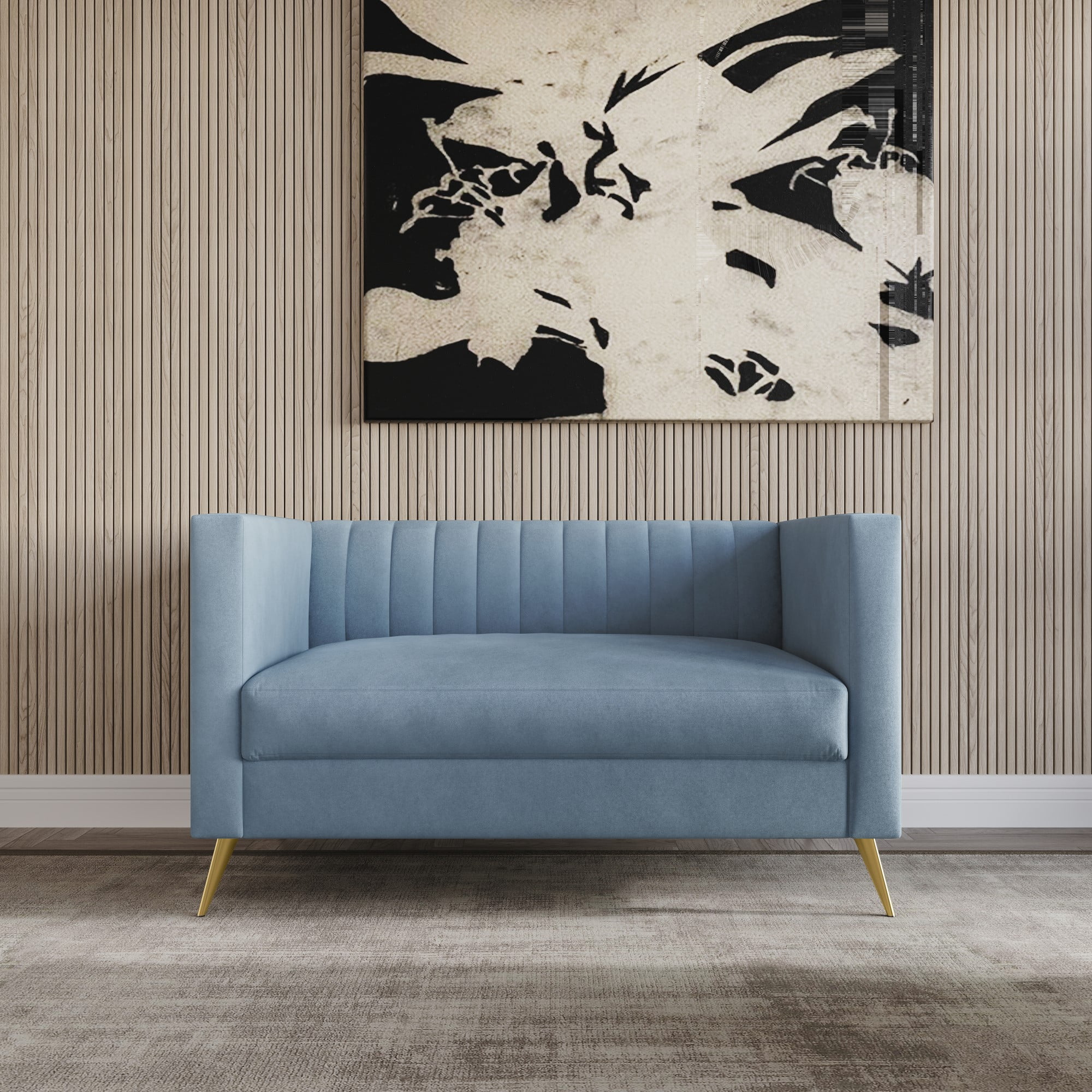 Home Design Weiss 3-Piece Velvet Square Arm Living Room Set with Sofa, Loveseat, and Armchair, Channel-Tufted Back, Gold Legs, Blue