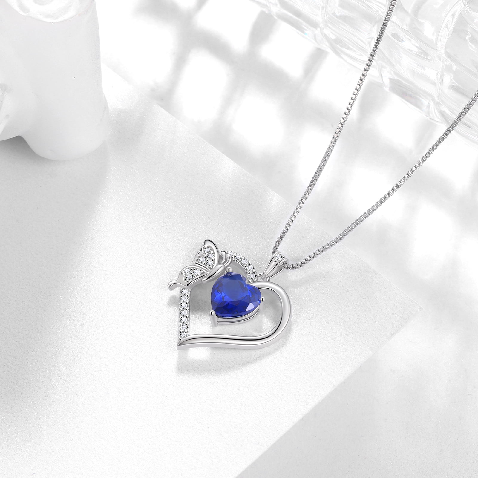 Blue Heart Necklace Butterfly September Birthstone Necklace Sapphire CZ 925 Sterling Silver Pendant Jewelry Women Birthday Mother's Day Gifts