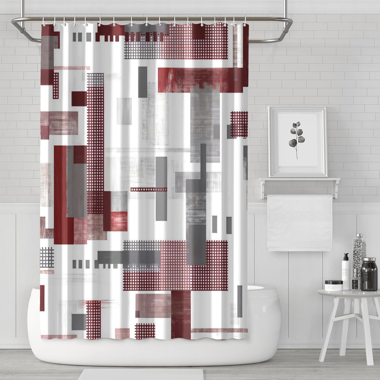 Burgundy Red Geometric Shower Curtain White and Grey Shower Curtain Set with Hooks Water