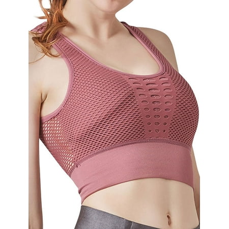 

Women Mesh Splicing Crew Neck Hollow Out Molded Cup Sporty Bra