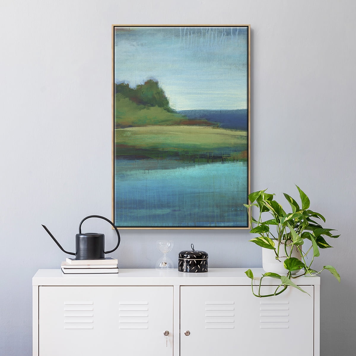 Silent Lakeside I Framed Premium Gallery Wrapped Canvas - Ready to Hang - 27 x 41 - Natural Wood Floating Frame
