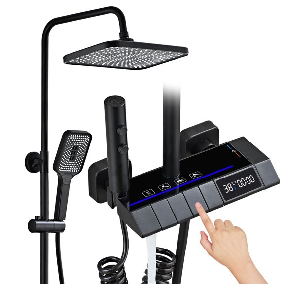Black Shower System with LED Digital Display Shower Faucet Set Wall Mount Rain Mixer Shower Combo Set 4 Way Shower Fixture with 12" Rain Shower Head, 3 Mode Handheld Shower, Bidet Shower, Tub Spout.