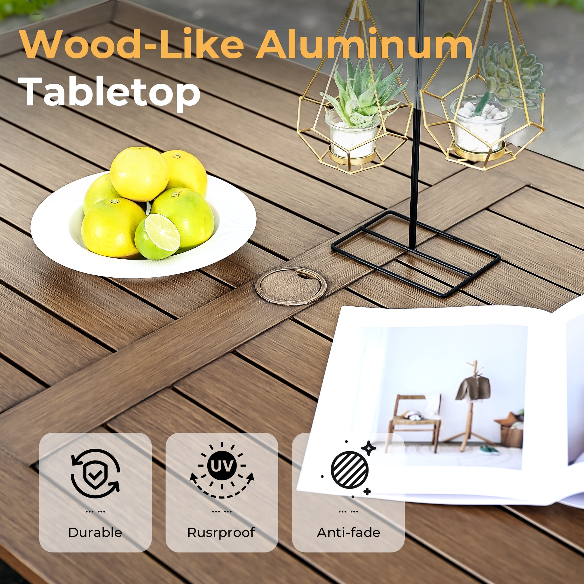 HAPPATIO Outdoor Dining Set, 7-Piece Patio Aluminum Dining Set with Wood-Like Hand-Painted Finish, 6 Chairs with Waterproof Cushions, Easy Assembly for Backyard, Garden, Porch