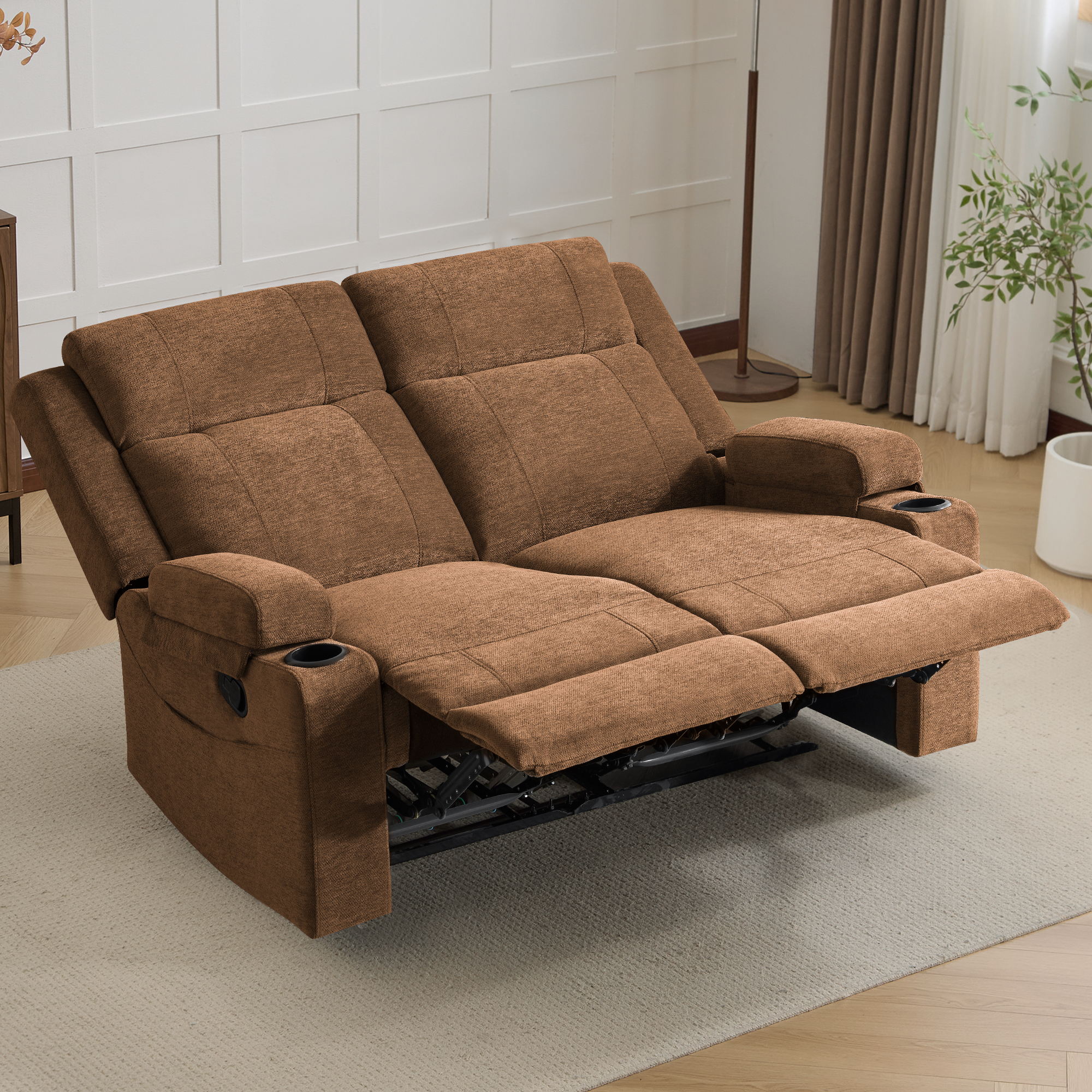 Chenille Reclining Couch, Manual Reclining Loveseat with Cup Holders, Wide Seat, Spill-Resistant Fabric, Easy Assembly, for Living Room/Apartment/RV Recliner Sofa