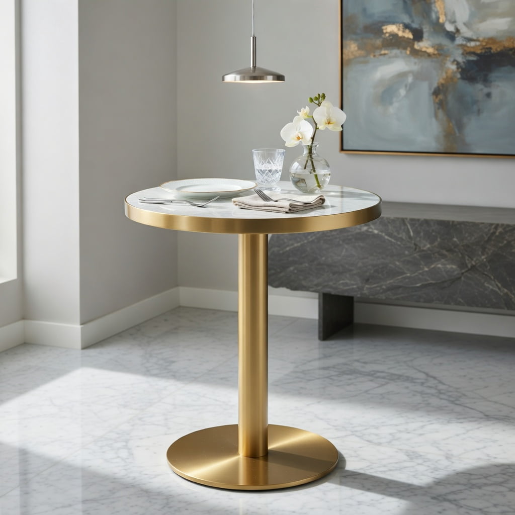 Hommoo 23.6 Inch Round Modern Light Luxury Table with Marble UV Finish & Stainless Steel Edge Banding, MDF Top, Metal Legs, Wobble-Free Design, White & Gold