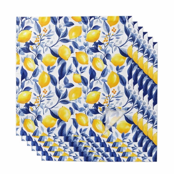 Summer Lemon Cloth Napkins, Watercolor Yellow Blue Garden Floral Washable and Reusable Dinner Napkins Set of 6, Table Napkin for Kitchen Party Birthday Wedding Hotel Housewarming 20"x20"