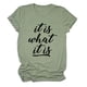 thumbnail image 1 of Camisa informal de verano de manga corta y cuello redondo para mujer, blusa verde oliva con estampado de letras negras de gran tamaño, 1 of 4