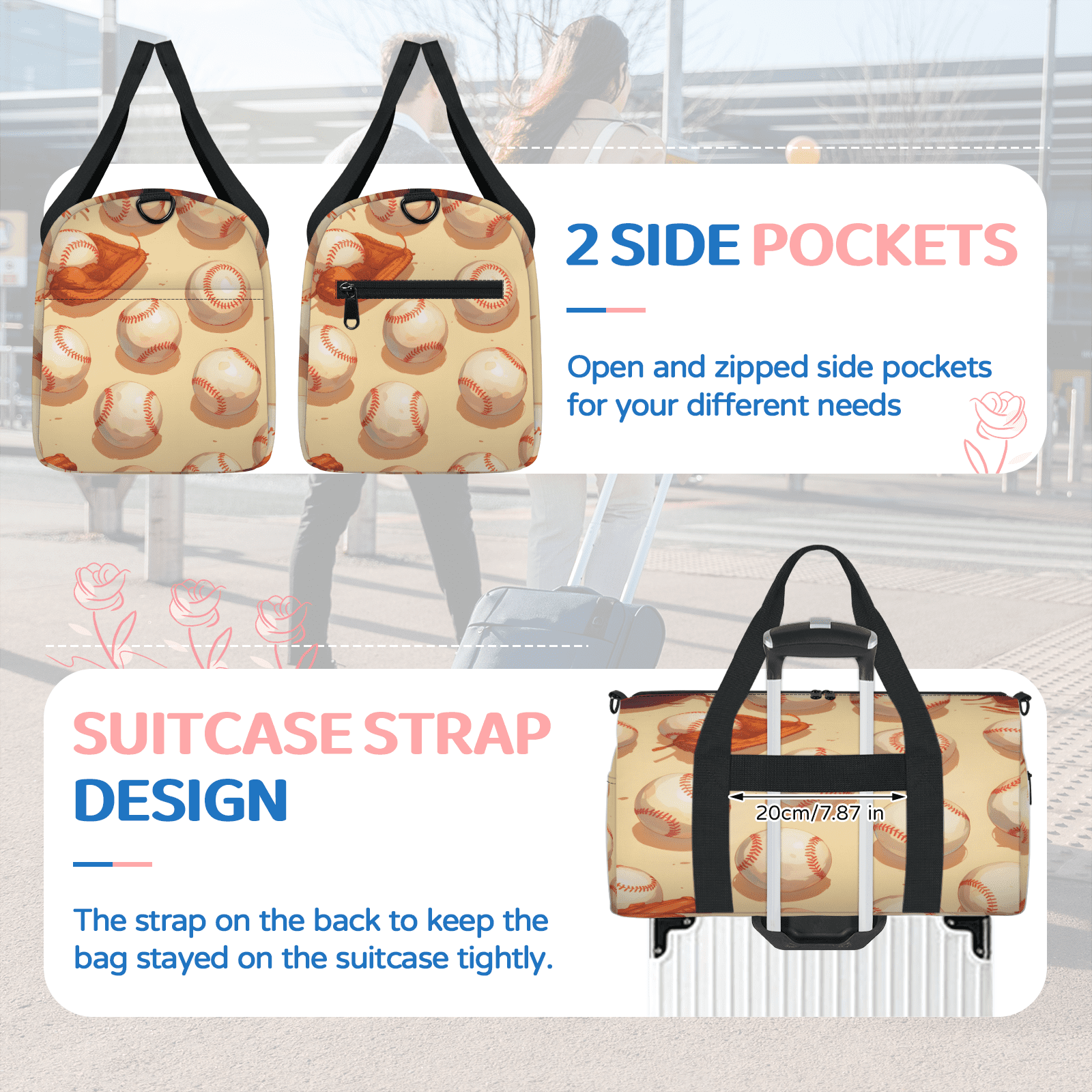 Herdesigns Baseball Gym Bag for Women, Duffle Bag for Travel Sport, Ball Game Lightweight Waterproof Carry on Weekender Dance Yoga Workout Bags
