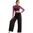 thumbnail image 2 of Raenseen Women Lyrical Dance Outfits Sets Sequins Rhinestones Crop Top with Mesh Sheer Pants Hot Pink L, 2 of 5
