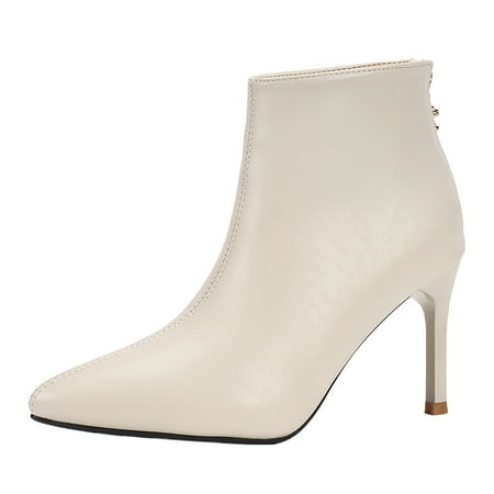 

Quealent Womens High Heel Ankle Boots Pointed Toe Bow Side Zipper Booties Stiletto Winter Dress Boot Shoes (White 37)