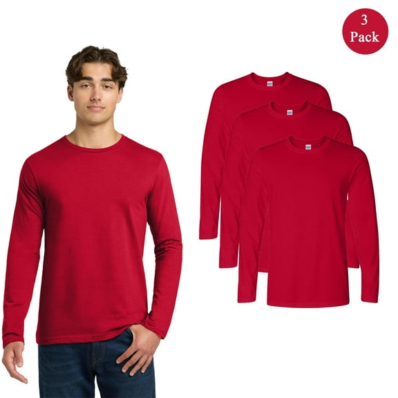 Gildan Softstyle Men's Long Sleeve T-Shirt, Comfortable Crew Neck Cherry Red Color Tee, 3-Pack, S