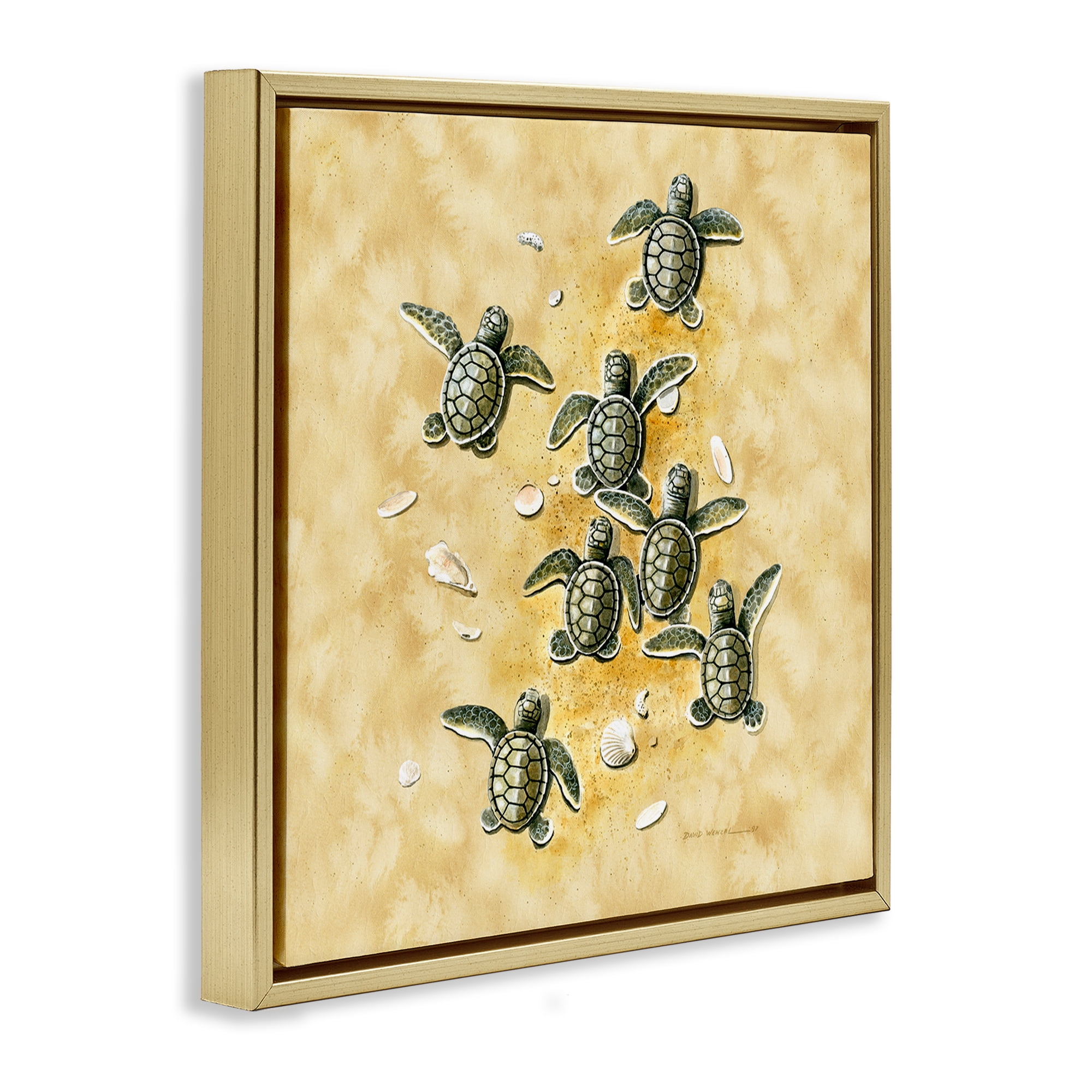 Stupell Industries Baby Sea Turtles Shore Animals Painting Gold Floater Framed Canvas Art Print Wall Art, 18 x 18