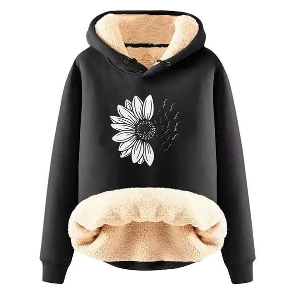 Essentials Hoodie for Women Thick Floral Print Long Sleeve Hooded Sweatshirts Cute Long Sleeve Loose Pullover Tops Winter Y2k Clothes
