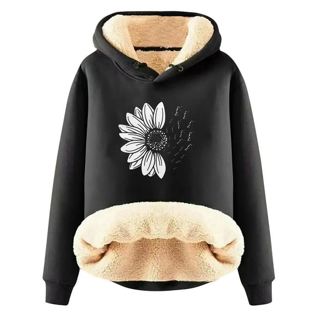 Ladies' Autumn And Winter Casual Chrysanthemum Print With Thick For Warmth Solid Color And Color Cardigan Lamb Hooded Sweatshirt Jacket