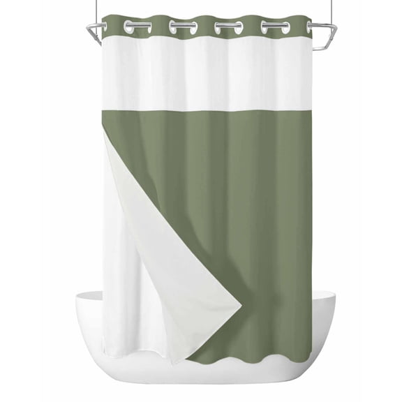 No Hook Shower Curtain with Snap-in Liner, Green Solid Color Waterproof Fabric Bathroom Curtains, Aesthetics Contemporary Luxury Bath Curtains & Mesh Top Window Narrow 36"x78"