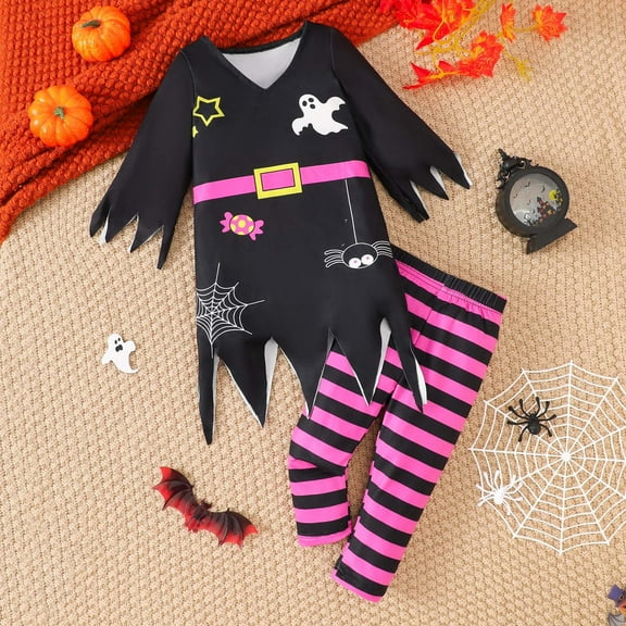 Atogsazn Baby Boys Girls Halloween Set Kids V Neck Long Sleeve Print Tops and Striped Pants Set Outfit Fall Clothes Black 2-3 Years