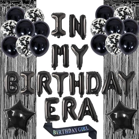 In My Birthday Era Decorations Black Happy Birthday Decor Black Fringe Curtain Backdrop Brthday Girl Sash Star Foil Balloon Latex Balloons for Girls Boys 18th 21st 20th 25th Birthday Party Supplies