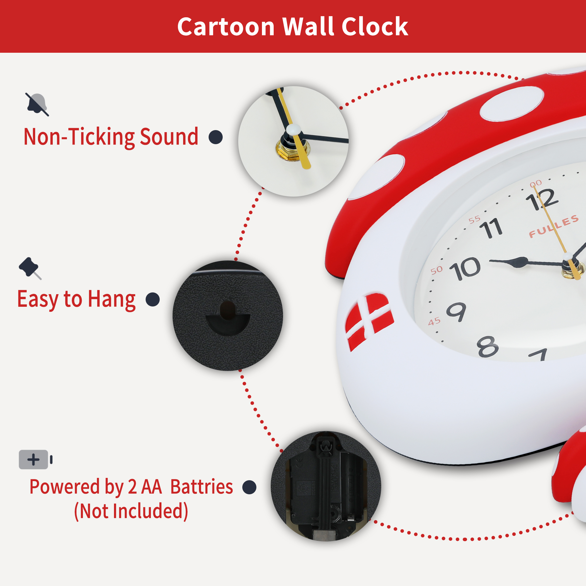 Unique Bargains 1pc Cute 3D Cartoon Mushroom House Silent Wall Clock 15" x 11" x 2" Red
