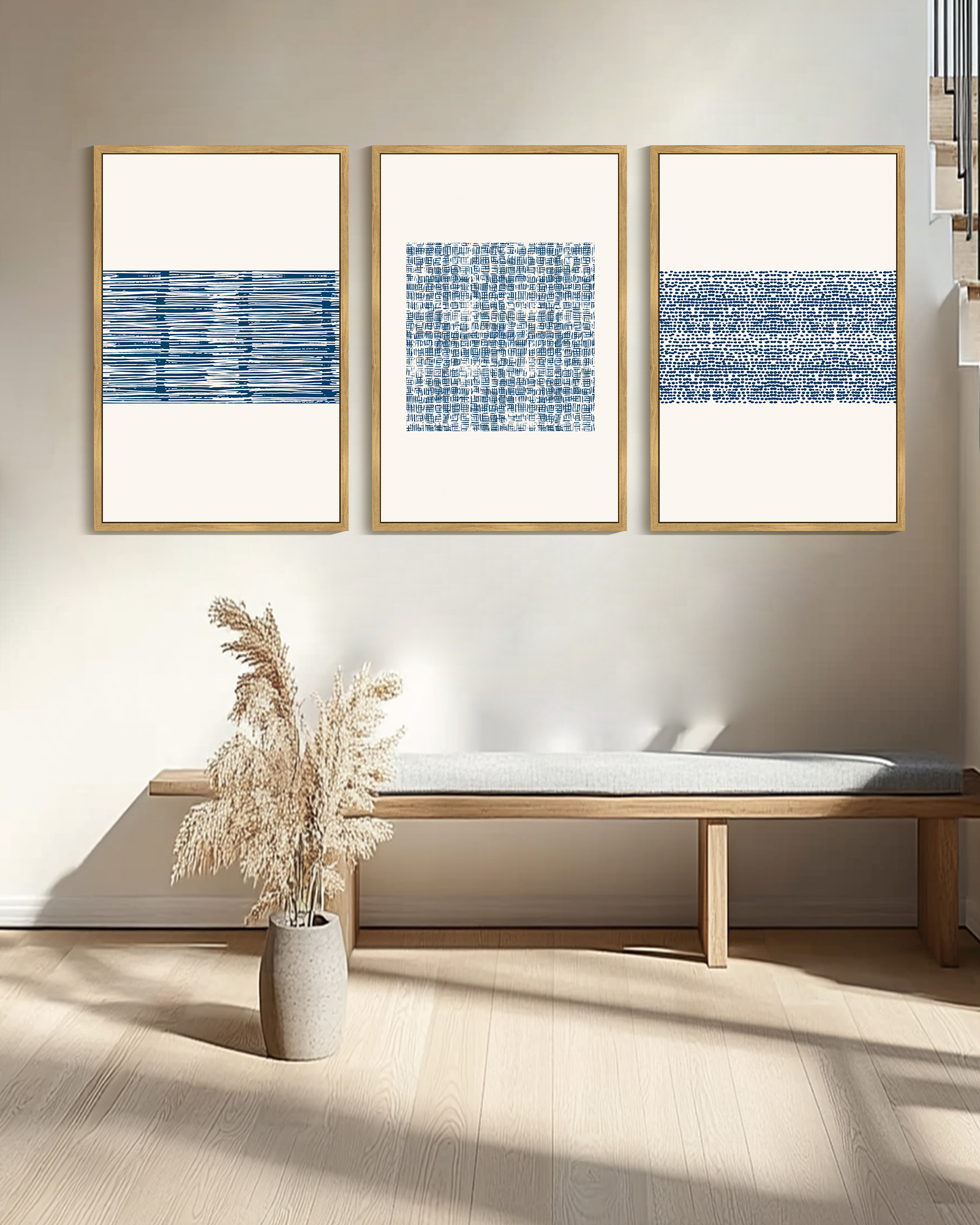 SHENIFY Large 24x36in3pcs Natural Framed Abstract Boho Art Framed Wood Blue White Grunge Geometric Wall Decor Minimalist Bohemian Bedroom Decor Canvas Prints