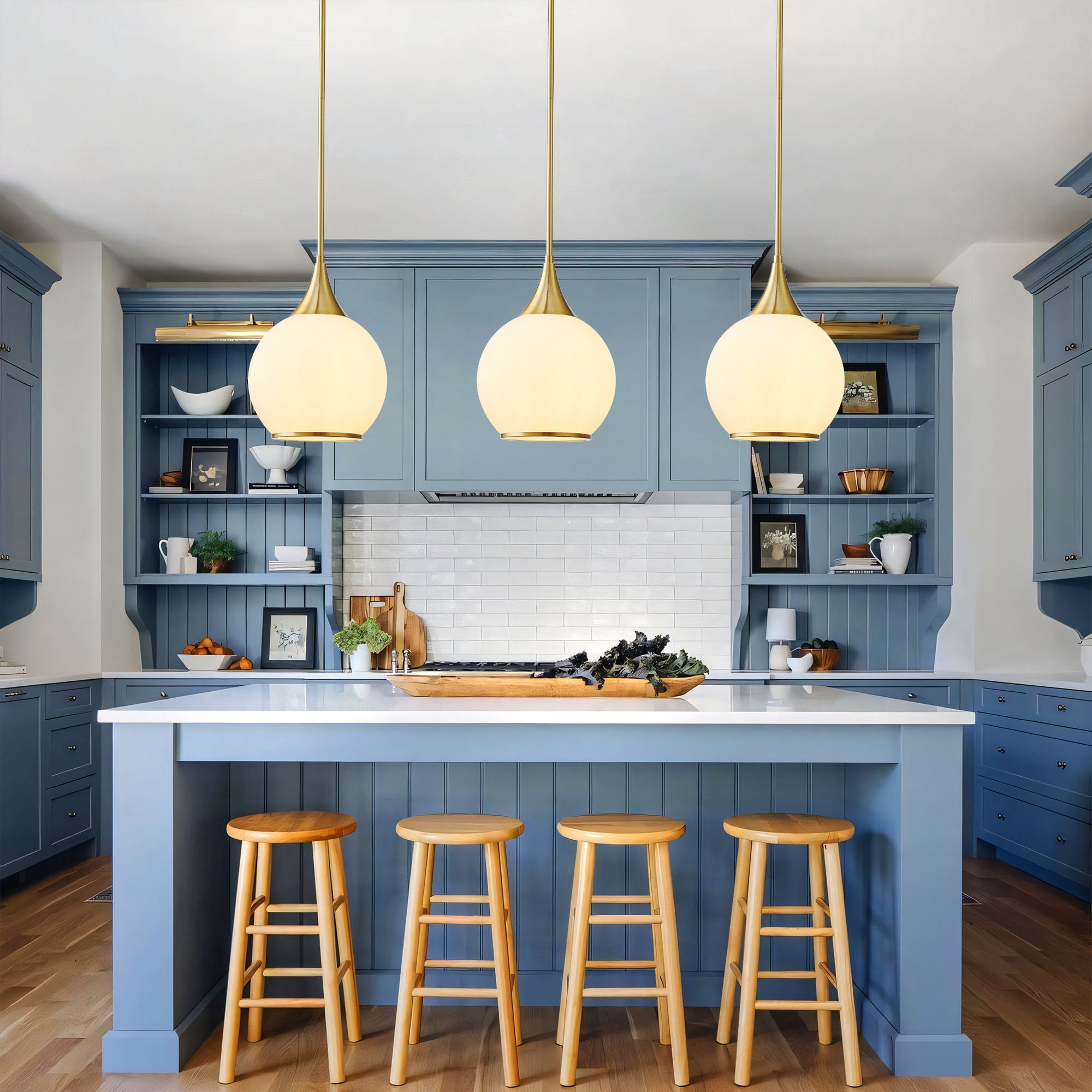 Modern Pendant Light Fixture Dimmable Kitchen Island Hanging Gold Ceiling Lights with White Glass lampshade