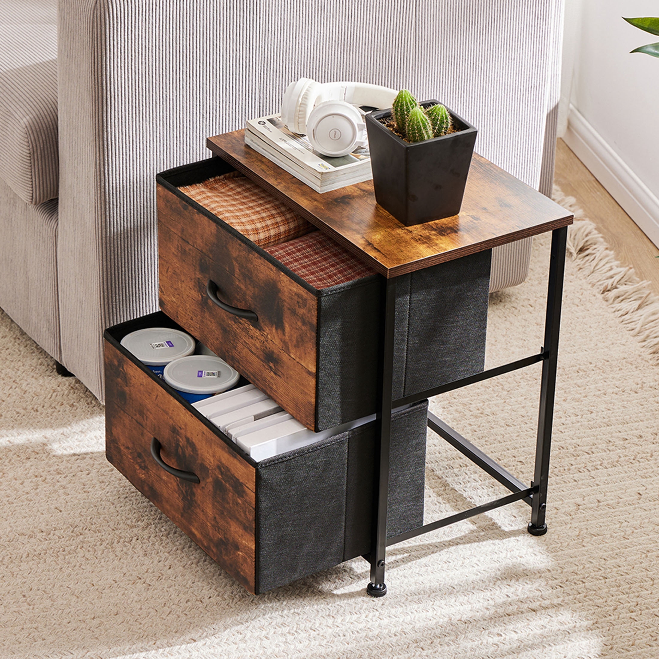 JOINSUN Bedside Table, Side Table, Fabric Narrow Drawer Cabinet, Chest of Drawers, Industrial Style for Living Room and Bedroom, Rust
