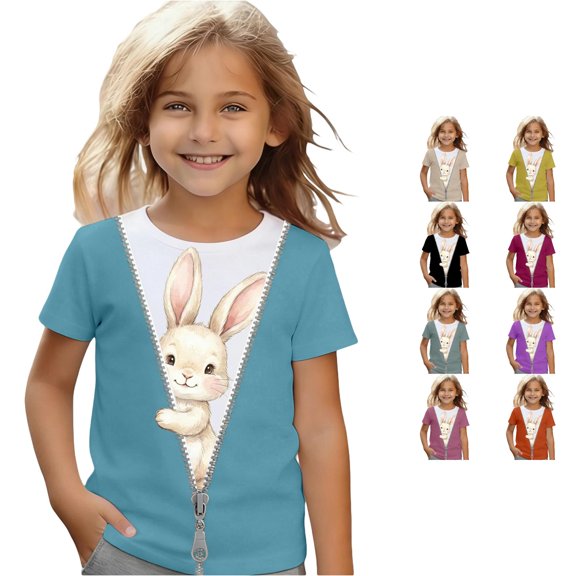 Toddler Girls Short Sleeve Shirts Bunny Graphic Casual Top Cute Print Tee Shirt Size 4-5T , Blue