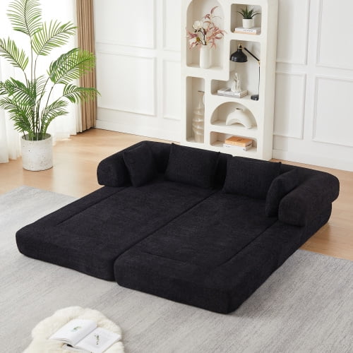 78.9-Inch Convertible Sleeper Sofa, Stain-Resistant Chenille Folding Mattress, DIY Modular Floor Lounge with Removable Armrests, Black