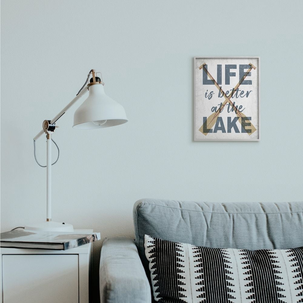 Stupell Industries Life is Better at the Lake Quote Rustic Distressed Text Framed Wall Art Design by Daphne Polselli, 11" x 14", Gray Framed