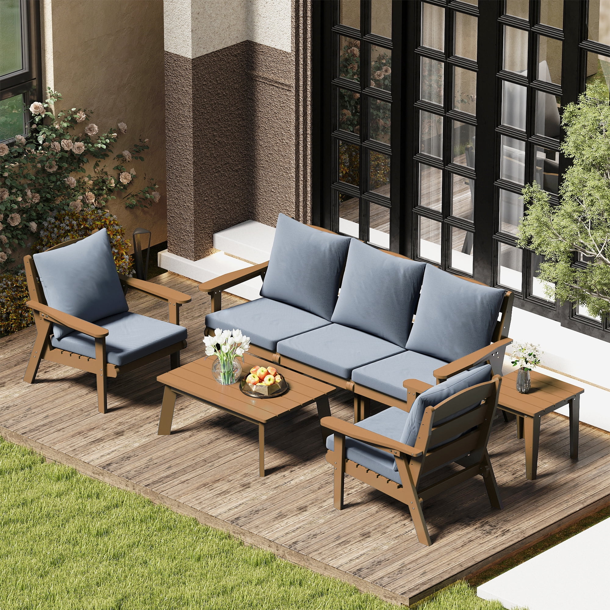FOOWIN 7-Piece Patio Furniture Set, HDPE Outdoor Conversation Set with 5 Seating & Cushions, Perfect Patio Sofa Set for Garden, Porch, Backyard, Teak Frame with Grey Cushion
