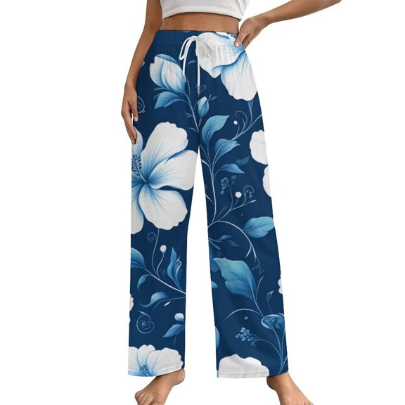 Black with White Hibiscus Hawaiian Flower Pattern (2)-2 Pajamas Leisure Trousers Soft Warm Sleepwear Bottoms Loose Retro Nightwear