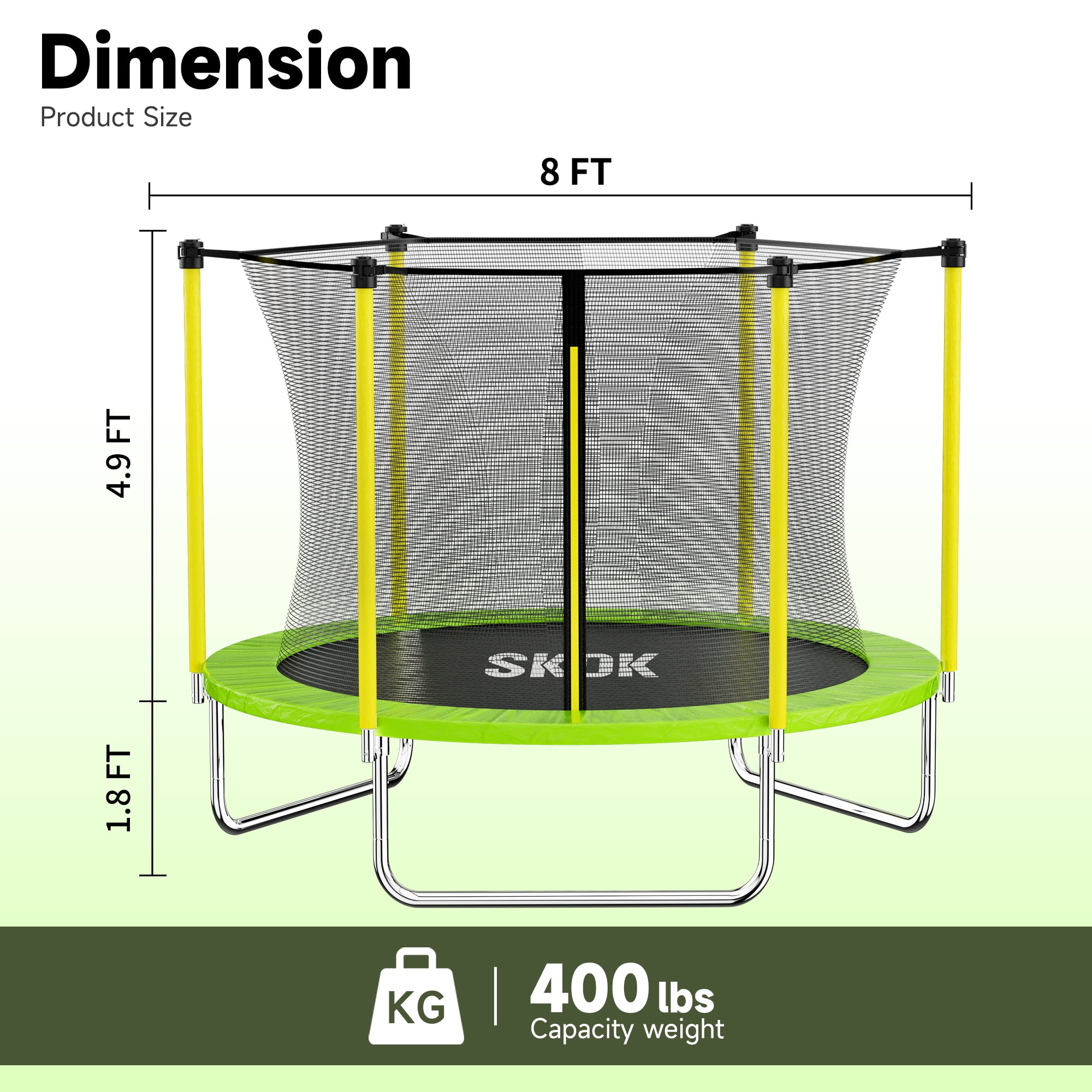 SKOK 8ft Round Trampoline for Kids & Adults, Heavy Duty Outdoor Trampoline with Safety Enclosure Net for Family Fun, Green & Yellow