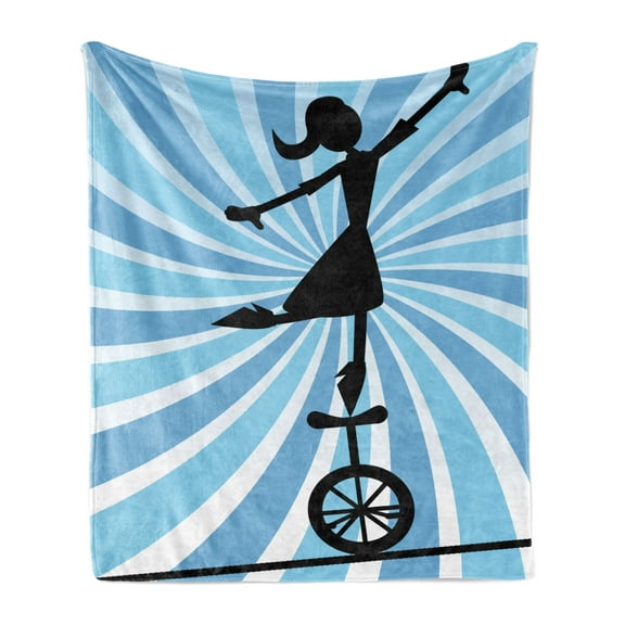 Circus Soft Flannel Fleece Blanket, Print of a Woman Balancing on a Unicycle on a Rope Having a Fun Time, Cozy Plush for Indoor and Outdoor Use, 70" x 90", Charcoal Grey White Blue, by Ambesonne
