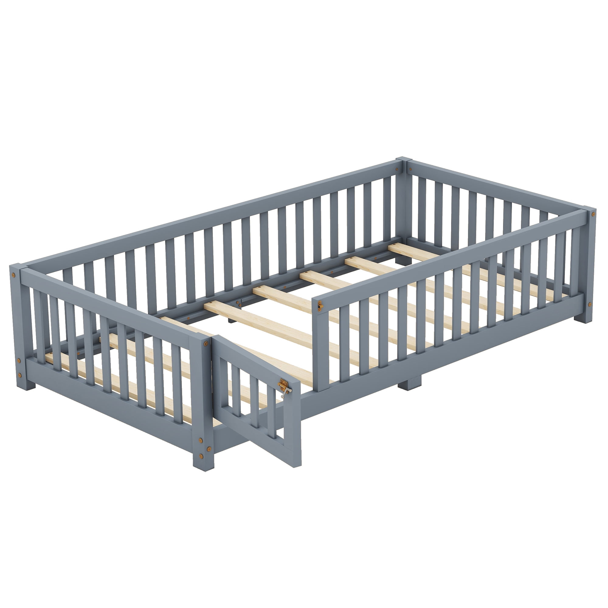 DreamBuck Twin Size Floor Bed with Door and Fence for Montessori Floor Bed with Slats and Safety Guardrails, Wood Floor Bed Frame, Twin Bed Frame for Girls, Boys, No Box Spring Needed