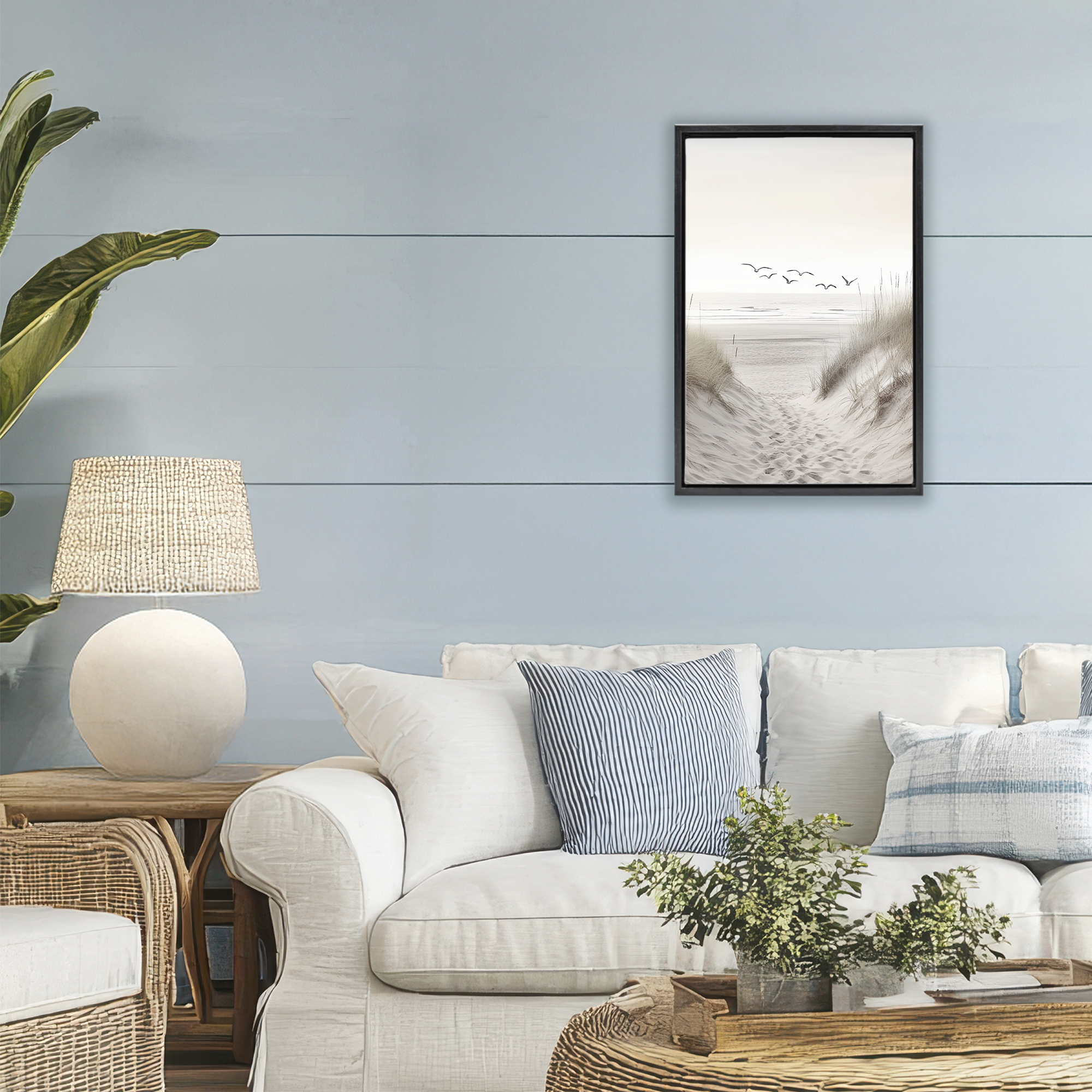 Seagulls over Sandy Footprints Black Framed Floater Canvas Wall Art, design by Decent Exposures