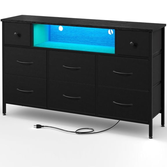 1pc Dresser for Bedroom with Power Outlets and LED Lights, Black TV Stand with 8 Drawers, Fabric Chest of Drawers with PU Finish for Living Room, Entryway