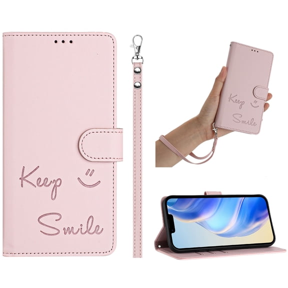 Crossbody Wallet Case for iPhone 17 Pro Max, Smile Pattern PU Leather Phone Case with Kickstand RFID Blocking Card Slots, Magnetic Closure Folio Cover with Wrist Strap Lanyard, Pink