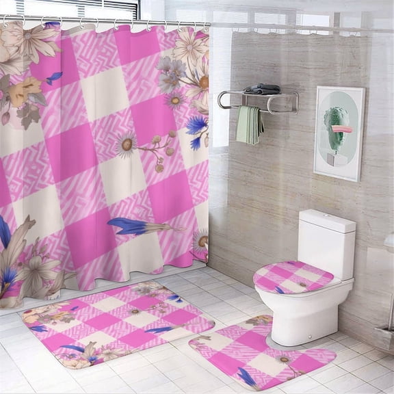 Pink Checkered Floral Pattern Shower Curtain Bathroom Sets Toilet Lid Rug, Bath Mat And Contour Mat, Shower Curtain 4Pcs