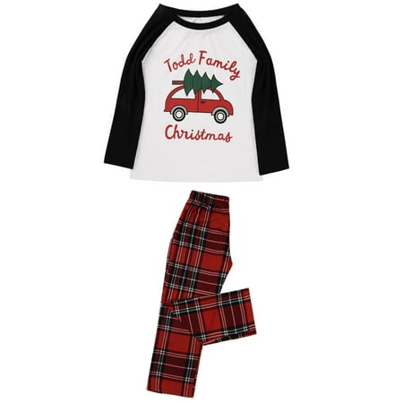 

2Pcs Parent-Children Christmas Loungewear Letter Print O-Neck Long-Sleeves Pullover + Plaid Elastic-Waist Pants Pajama Set