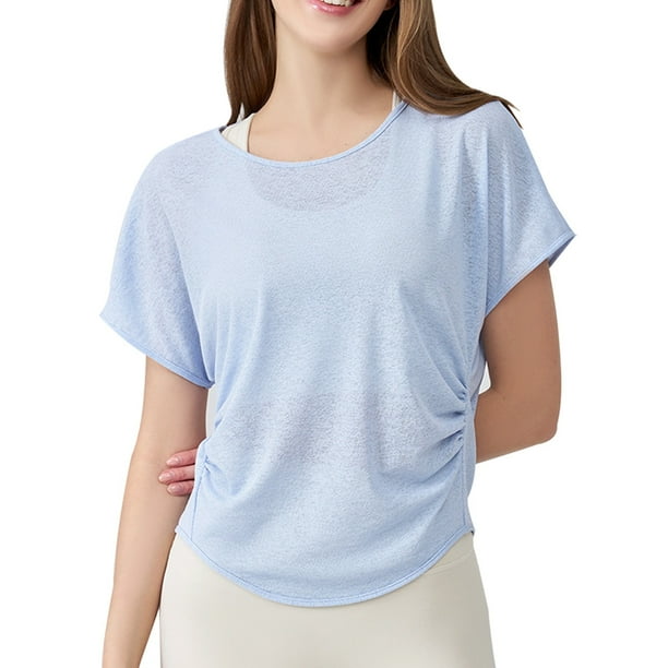 Camiseta holgada para mujer: con abertura en la espalda y fruncidos laterales, poliéster, ropa informal/para yoga (tallas S-XL)