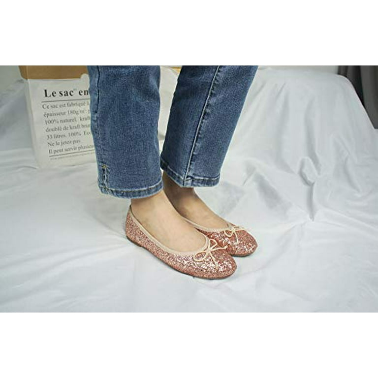 Womens Glitter Flat Loafers Shoes Comfortable Slide Ons Rose Gold / 5