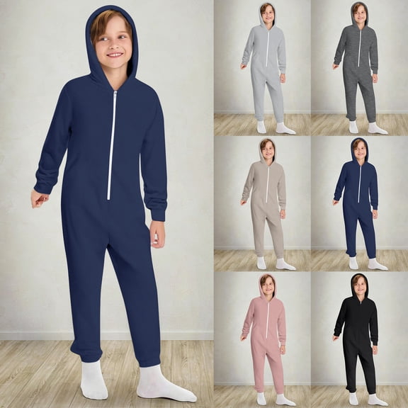 RTKFRFLM Kids Unisex Hooded Jumpsuit Solid Color Zip-Up One-Piece Coverall Black 7-8 Years