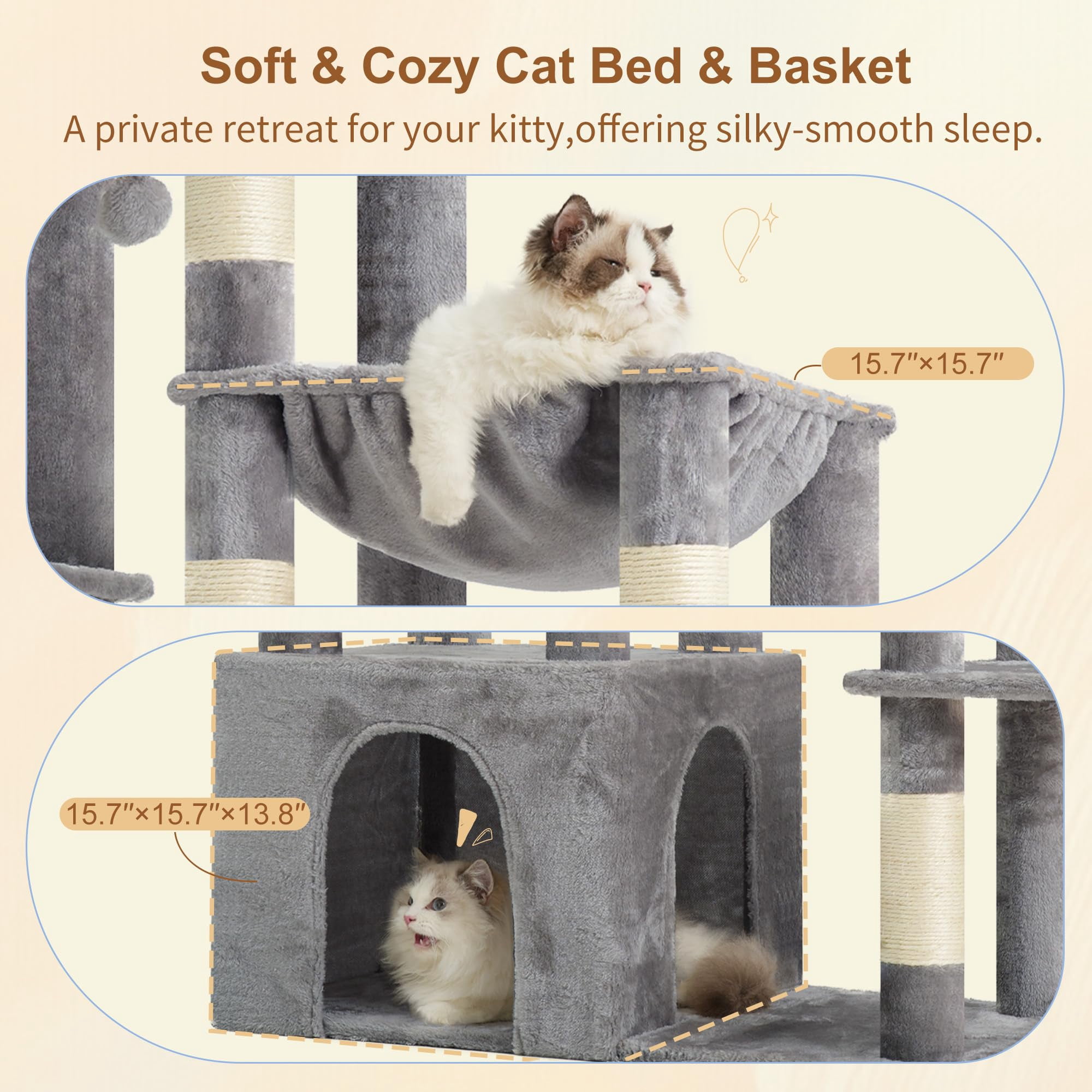 Heavy Duty Cat Tree  Tower For Indoor Cats Large Adult Tall Condo House With Extra-large Baseboard Multi-level Plush Furniture Posts Hammock Balls Light Gray Hct026w