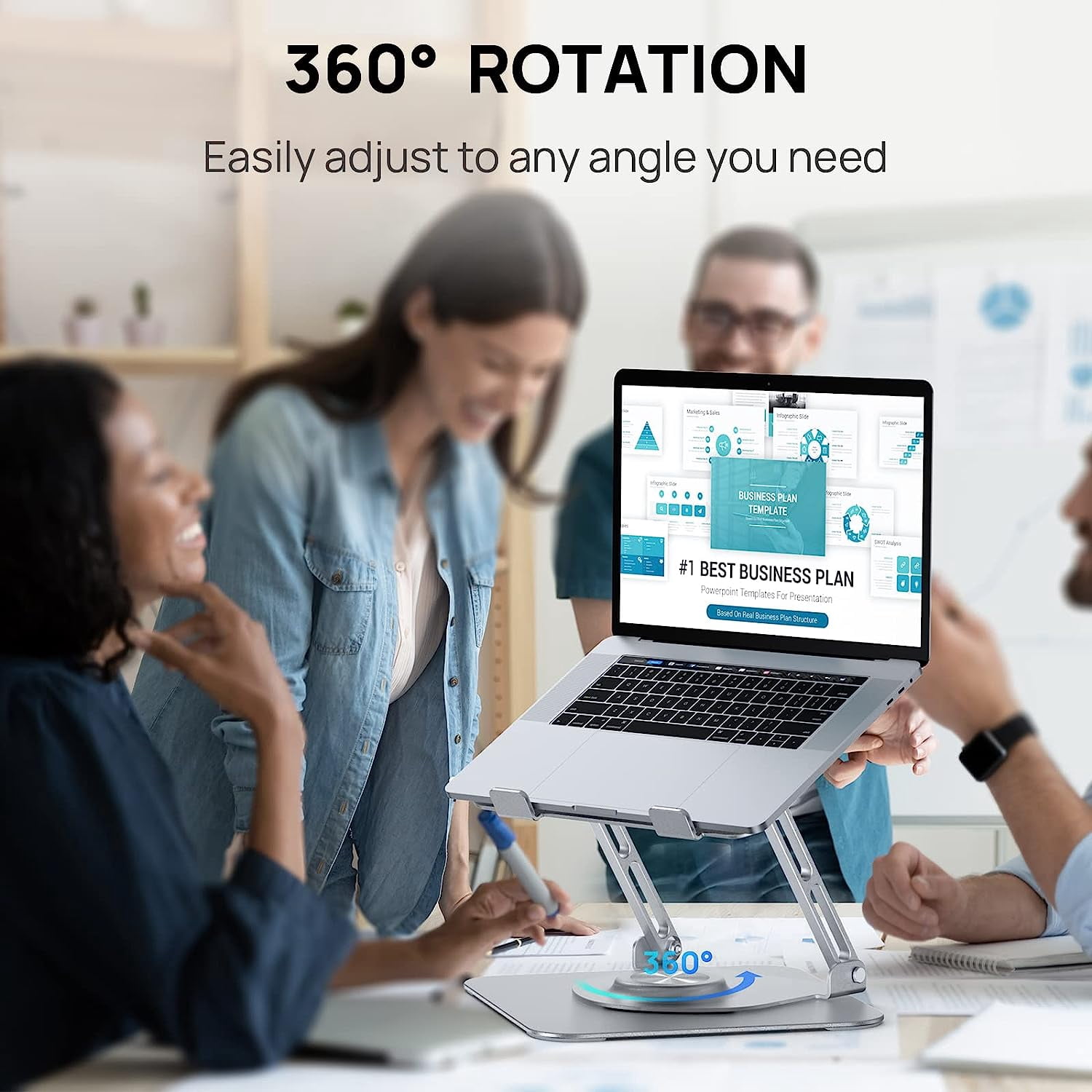 AUBEAMTO Adjustable Laptop Stand with 360° Rotating Heavy Base, Ergonomic Laptop Riser for Desk, Stable Laptop Holder for Collaborative Working, Suit for 10-15.6" PC Computer, Dual Shaft, Silver