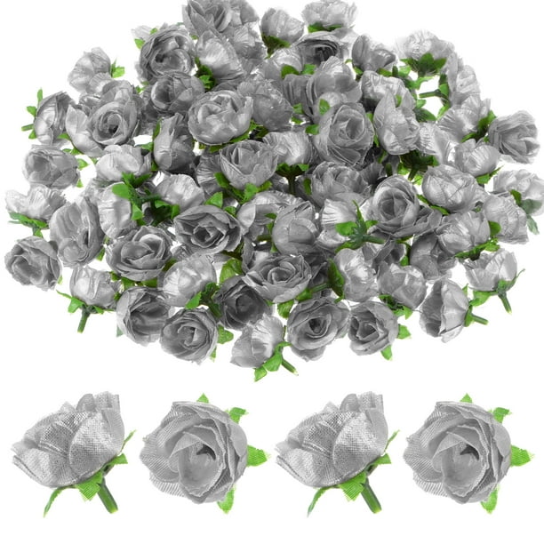 Uxcell 200 Piezas Cabezas de Rosas Artificiales 1.2'' Pequeñas Cabezas de Rosa de Seda Falsa para Decoraciones de Ramo de Boda Fiesta Tono Plateado