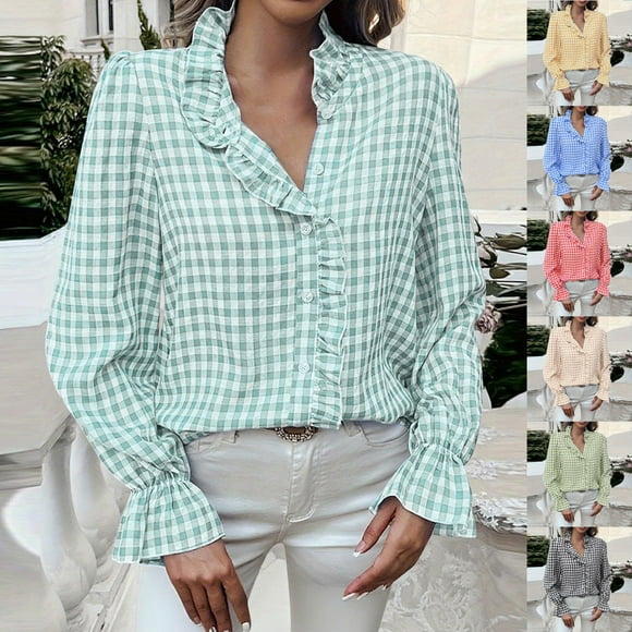 Yuyuzo Womens Plaid Shirts Button down Ruffle Neck Puff Long Sleeve Shirts Casual Loose Fitted V-Neck Dressy Blouse