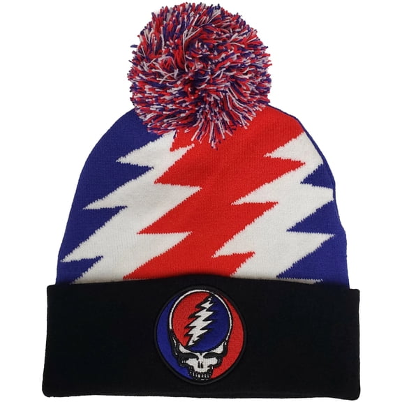 Grateful Dead - Steal Your Face Patch - Knit Pom Hat - Jacquard Lighting Bolt Red/White/Blue/Black BN25GFD265