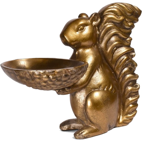 8.5-inch Cast Metal Decorative Squirrel Bowl, Antique Brass