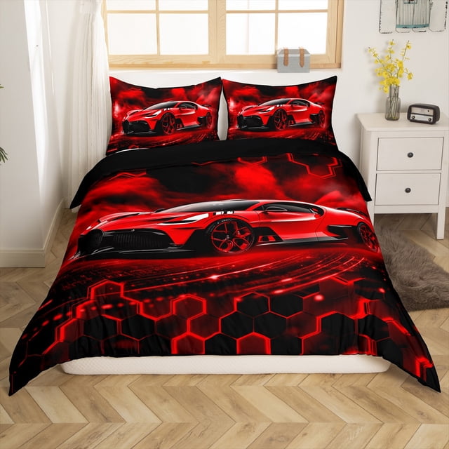 Erosebridal Housse de Couette Voiture de Course Rouge Simple, Literie Nid d'Abeille Taille Simple, Déco de Chambre Sports Moderne, Réversible 2 Pcs (Sans Couette)