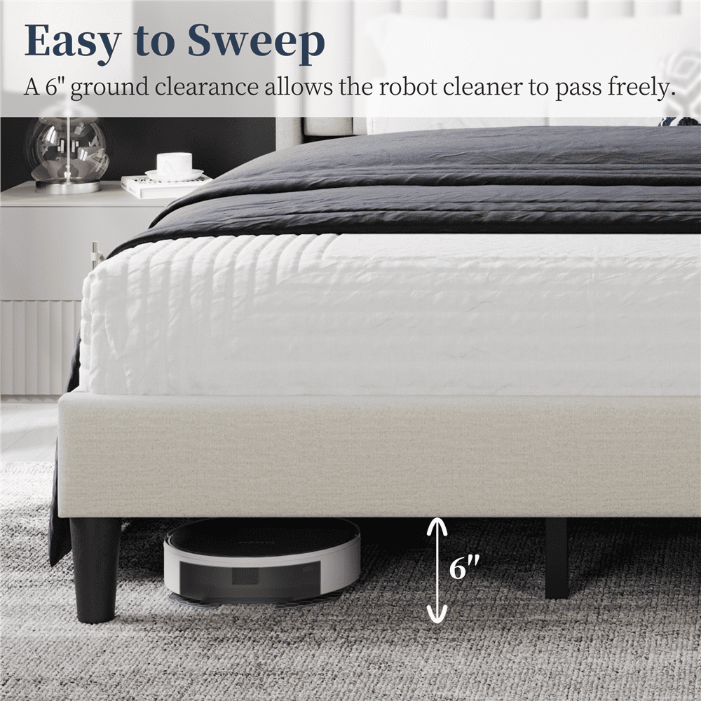 Fullfurnique Lit Rembourré avec Tête de Lit à Oreilles Design a Cannelures, Taille Queen, Ivoire